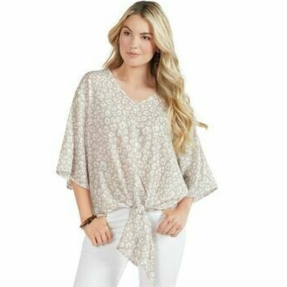 MUDPIE / Tan & White Cheetah Print V-neck Oversized Tie f Blouse Size S/M - Picture 1 of 9